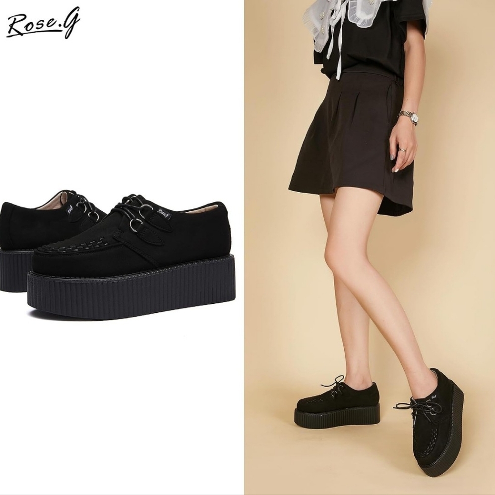 Women's Handmade Suede Lace Up Flat Platform Creepers Shoes
